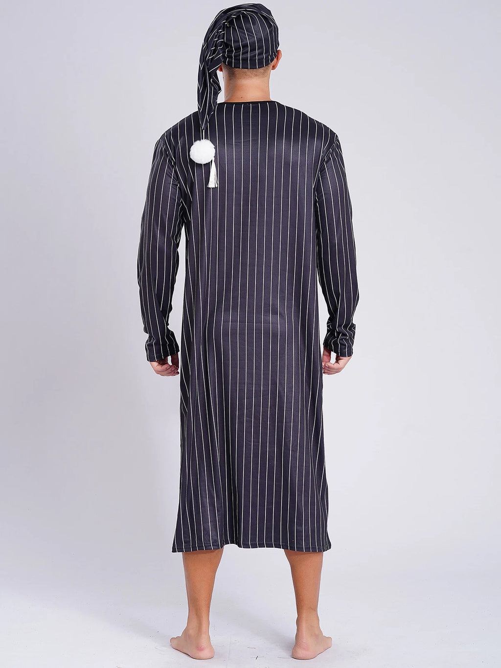 Men's Sissy Nightwear Loose Striped Robe Long Sleeve Nightshirt Cap Pajama Sets