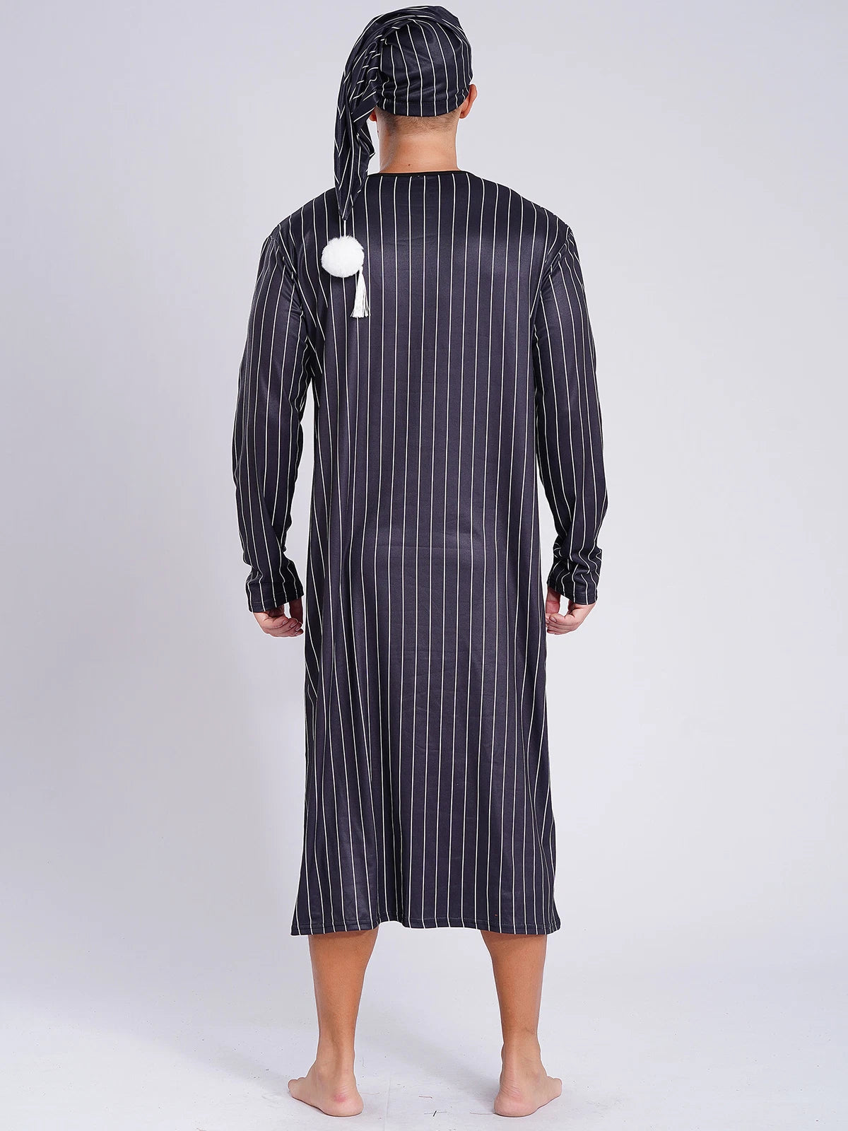 Men's Sissy Nightwear Loose Striped Robe Long Sleeve Nightshirt Cap Pajama Sets