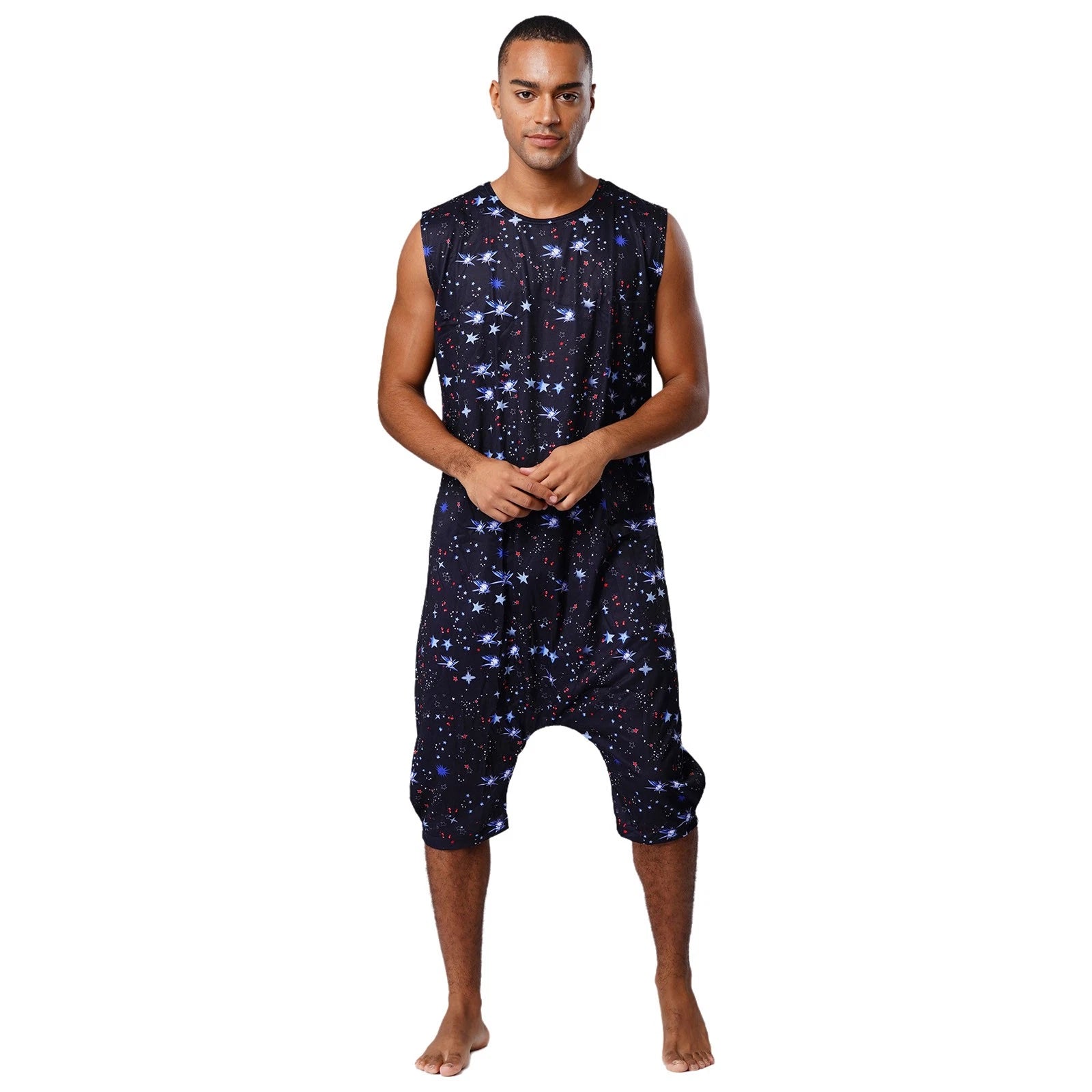Men's Loose Romper Pajamas Jumpsuit Sleepwear Zipper Crotch One Piece Bodysuit