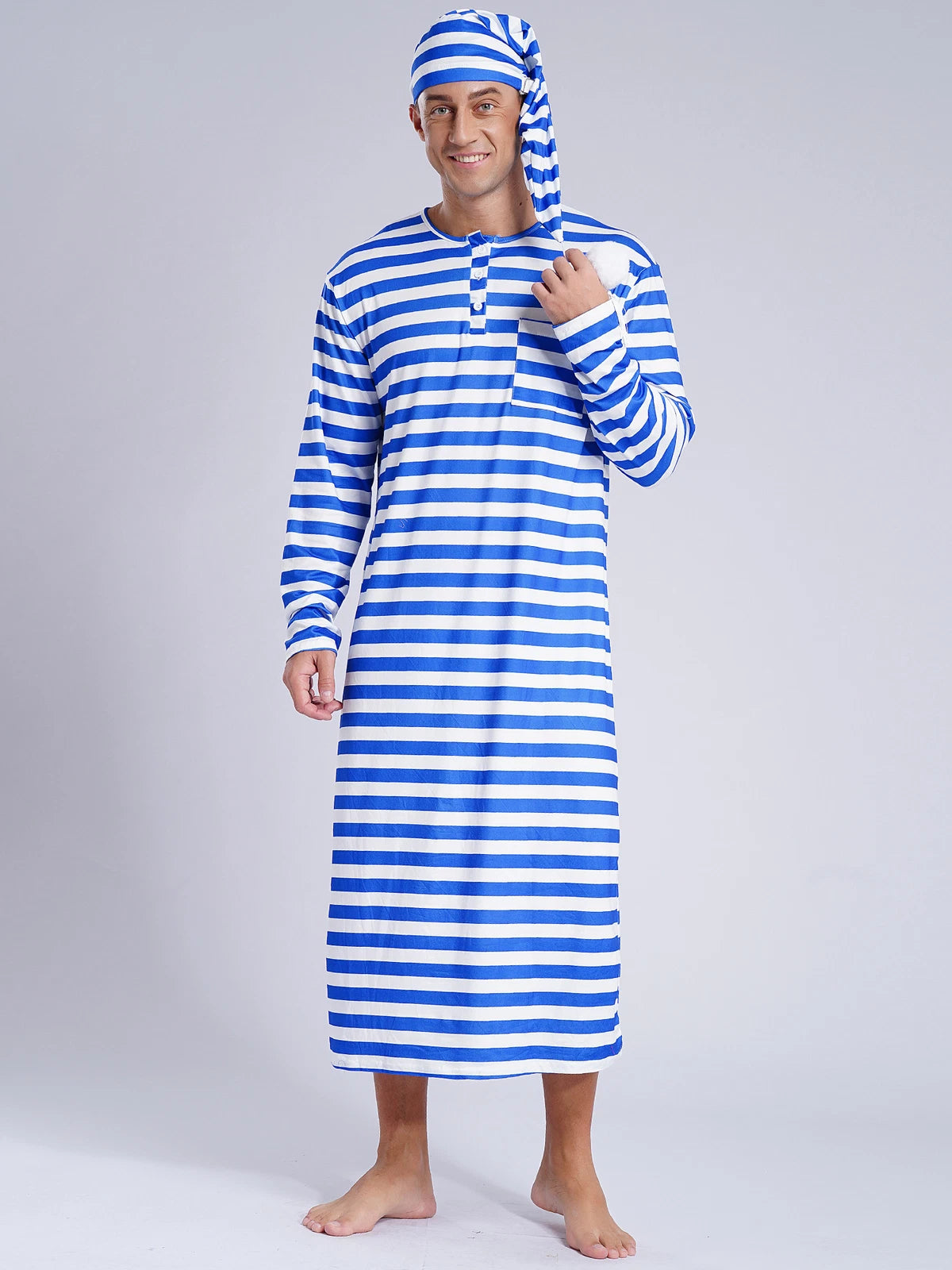 Men's Nightshirt Striped Loose Sleepwear Night Pajama Set Robe with Sleeping Cap