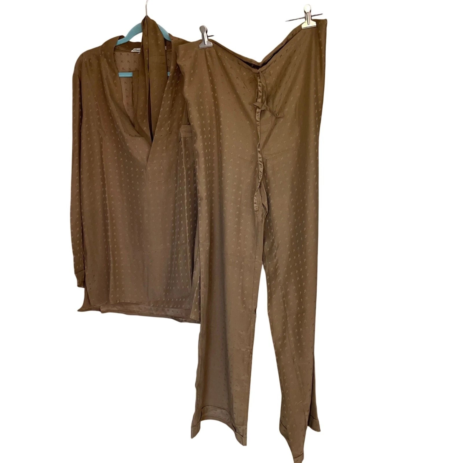 Vintage Mens Pajama Set Size 48 Tan 3 Piece Pockets Belted Pure Silk Italy