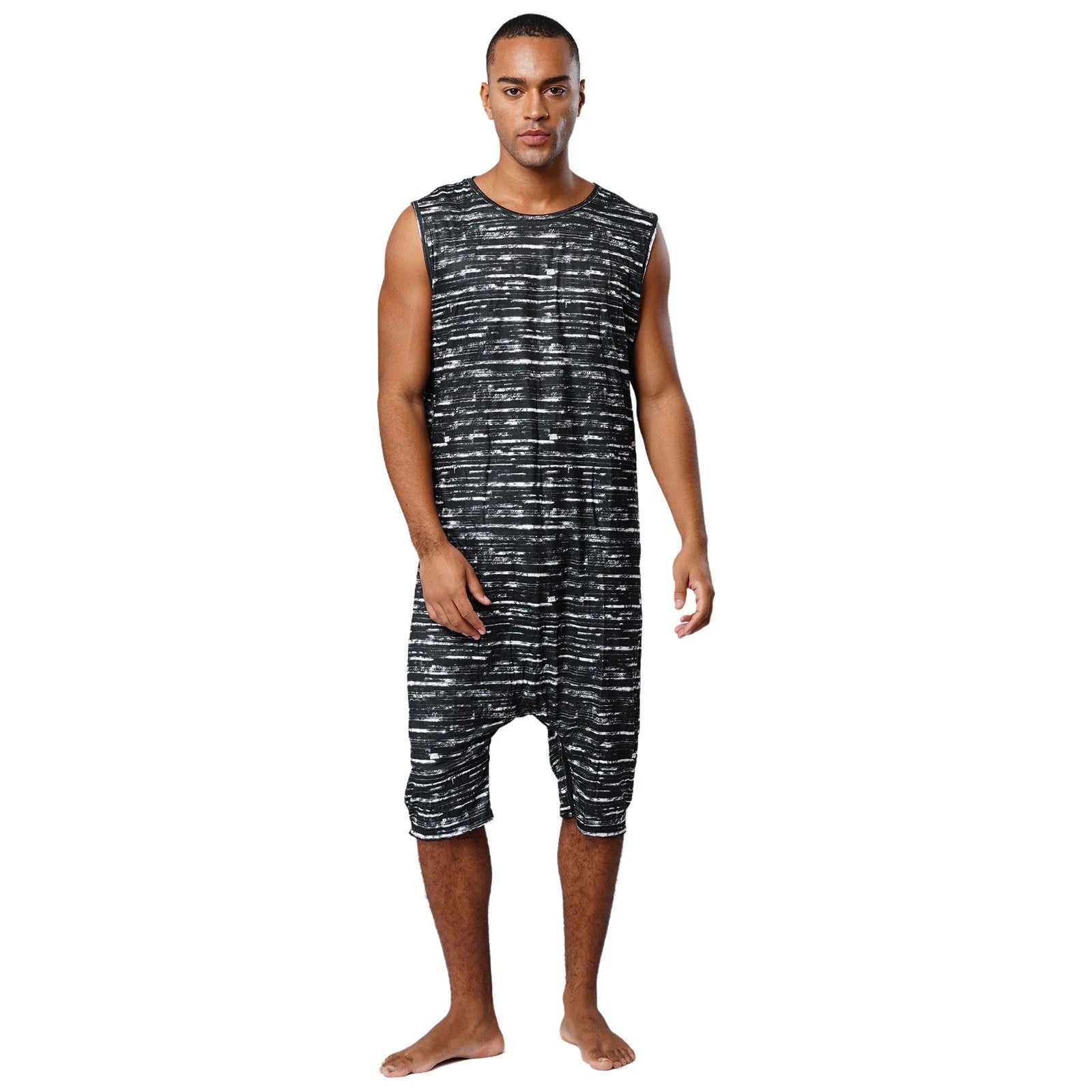 Men's Loose Romper Pajamas Jumpsuit Sleepwear Zipper Crotch One Piece Bodysuit