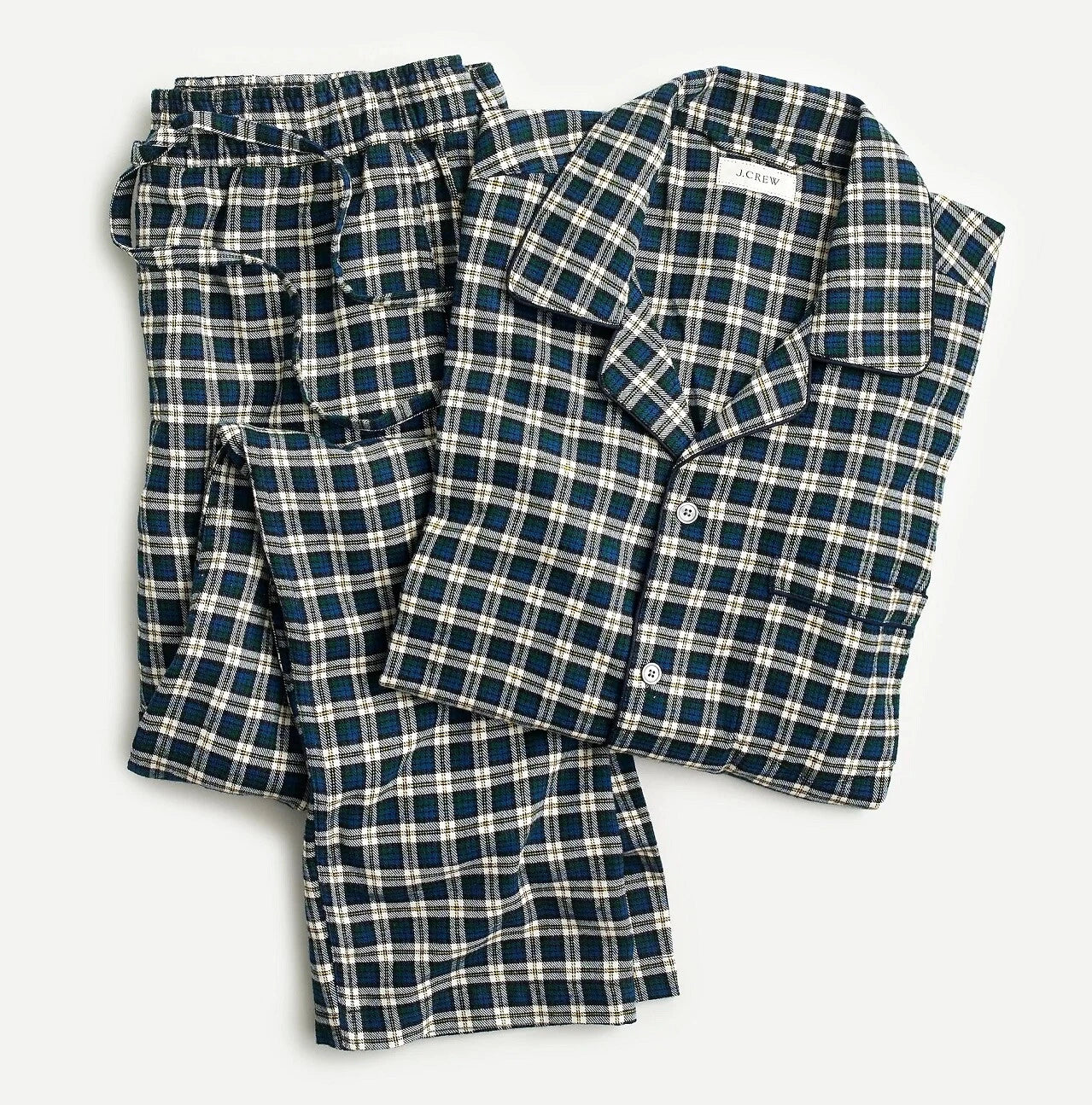 JCREW pajama set pants shirt flannel cotton green white check plaid tartan NWT
