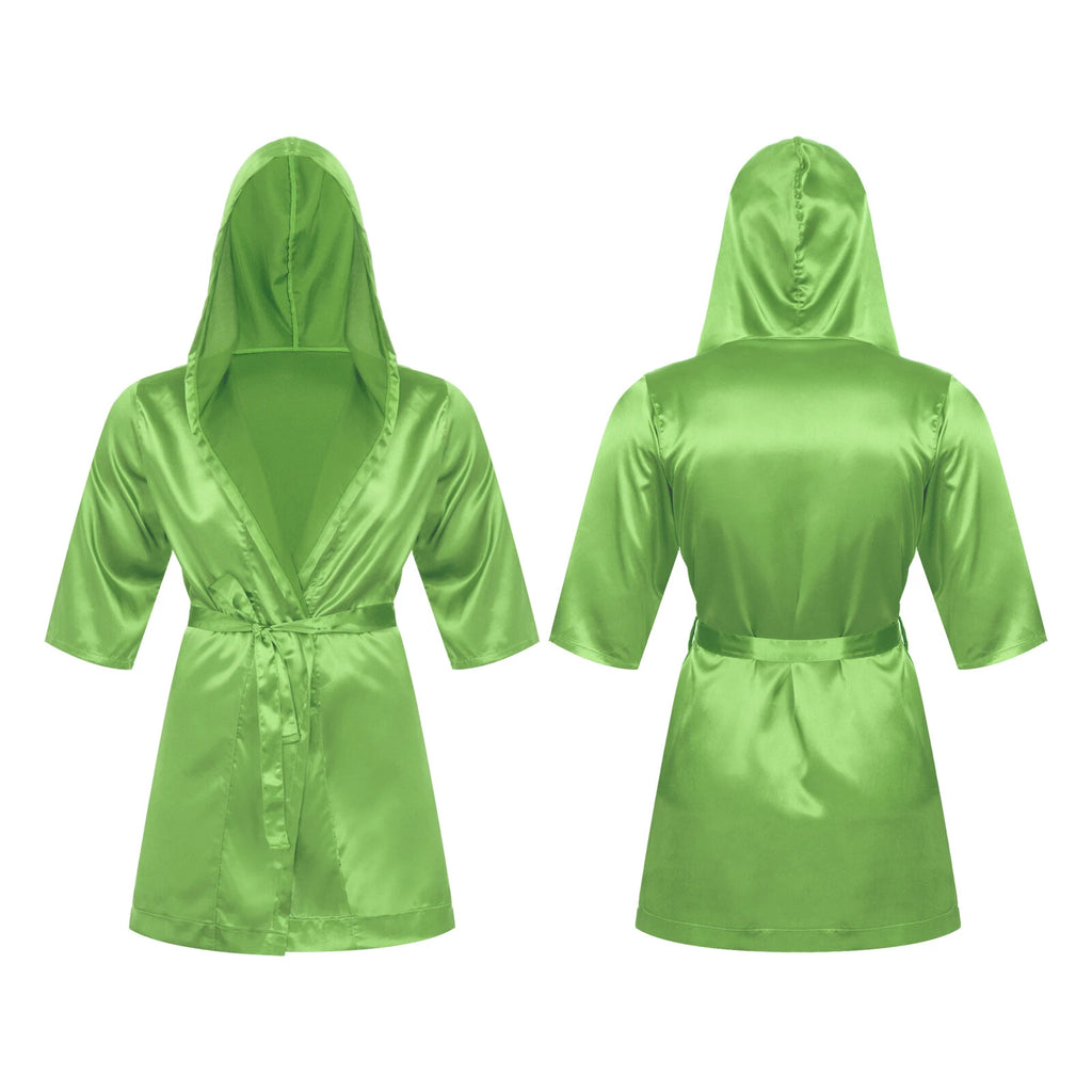 Men's Silk Satin Pajamas Hooded Bathrobe with Belted Set Bath Robe Sleepwear