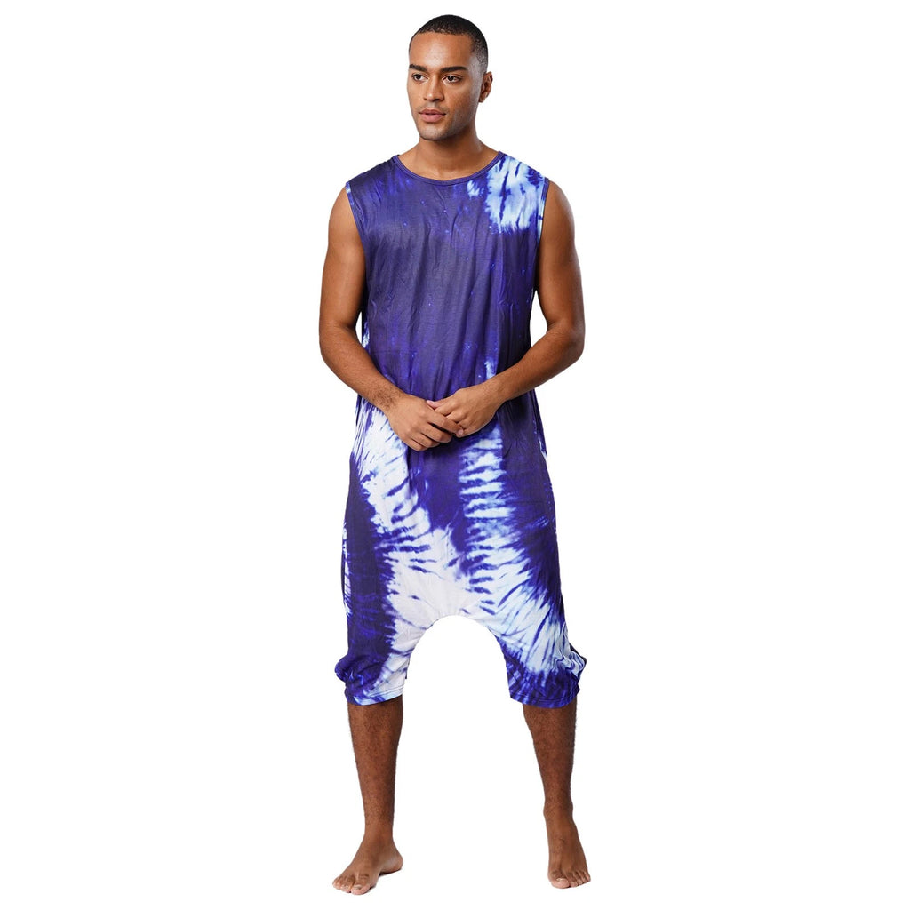 Men's Loose Romper Pajamas Jumpsuit Sleepwear Zipper Crotch One Piece Bodysuit