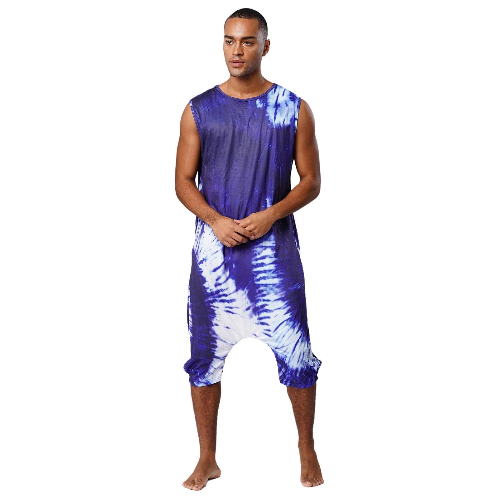 Men's Loose Romper Pajamas Jumpsuit Sleepwear Zipper Crotch One Piece Bodysuit