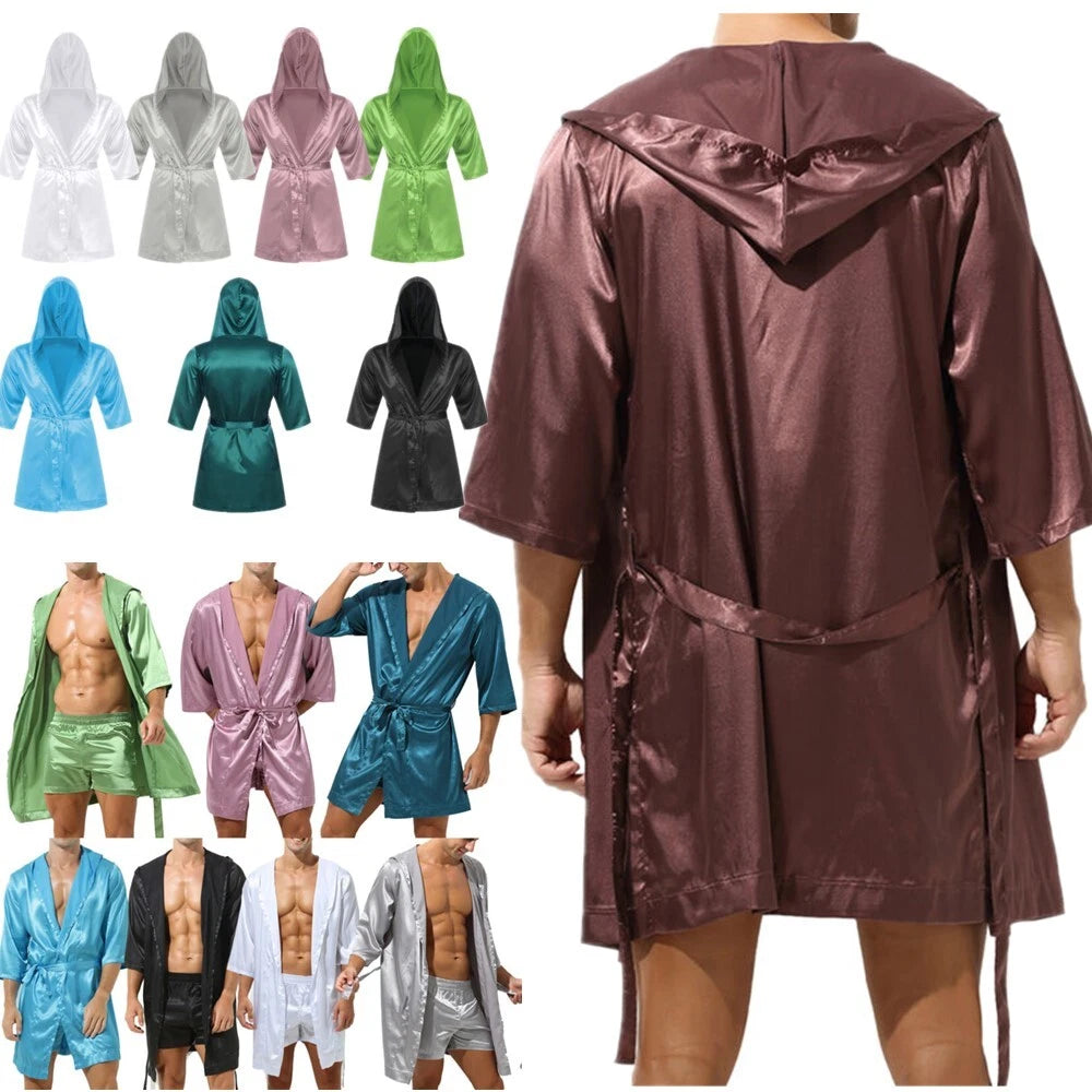 Men's Silk Satin Pajamas Hooded Bathrobe with Belted Set Bath Robe Sleepwear
