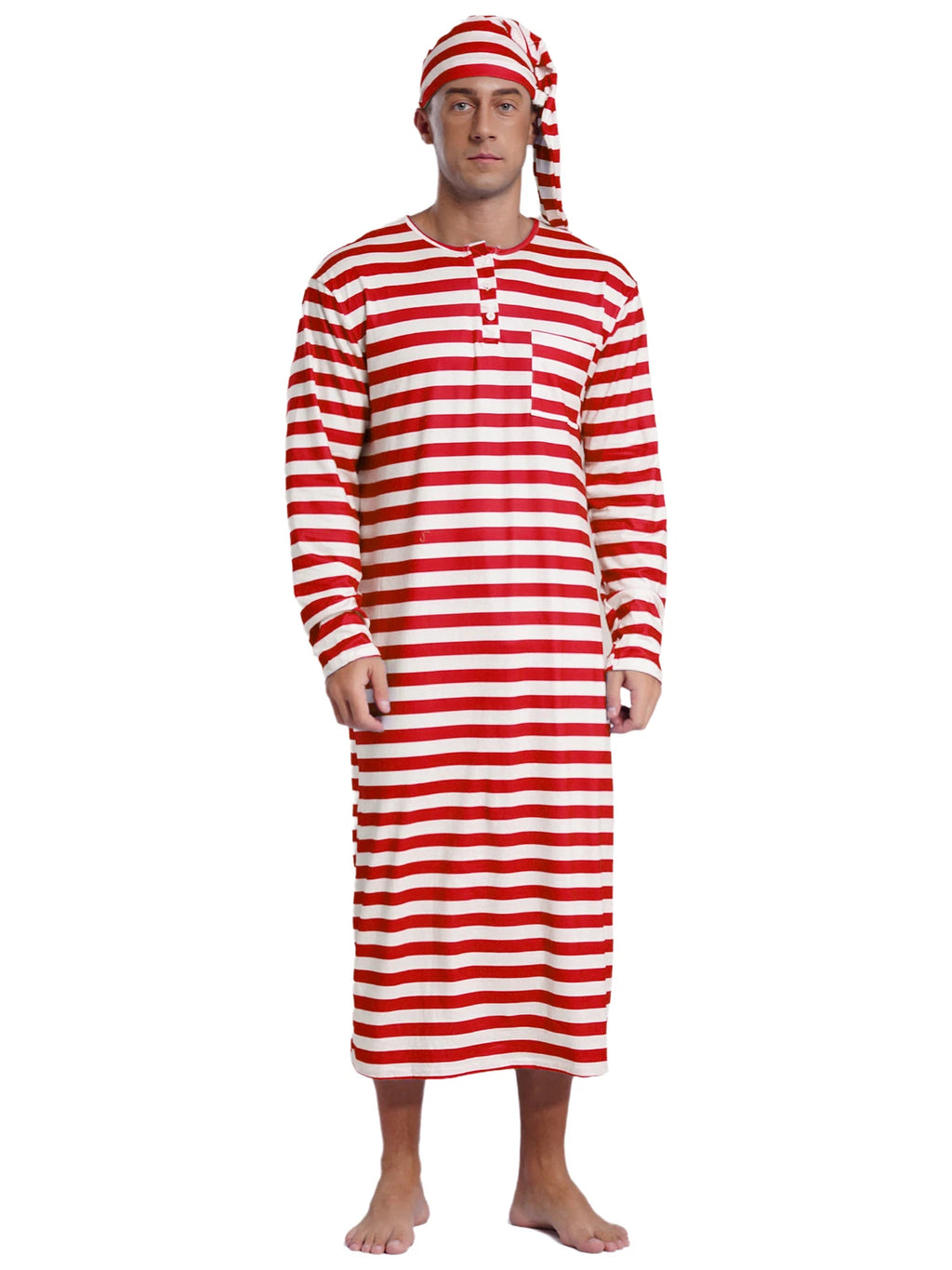 Men's Nightshirt Striped Loose Sleepwear Night Pajama Set Robe with Sleeping Cap