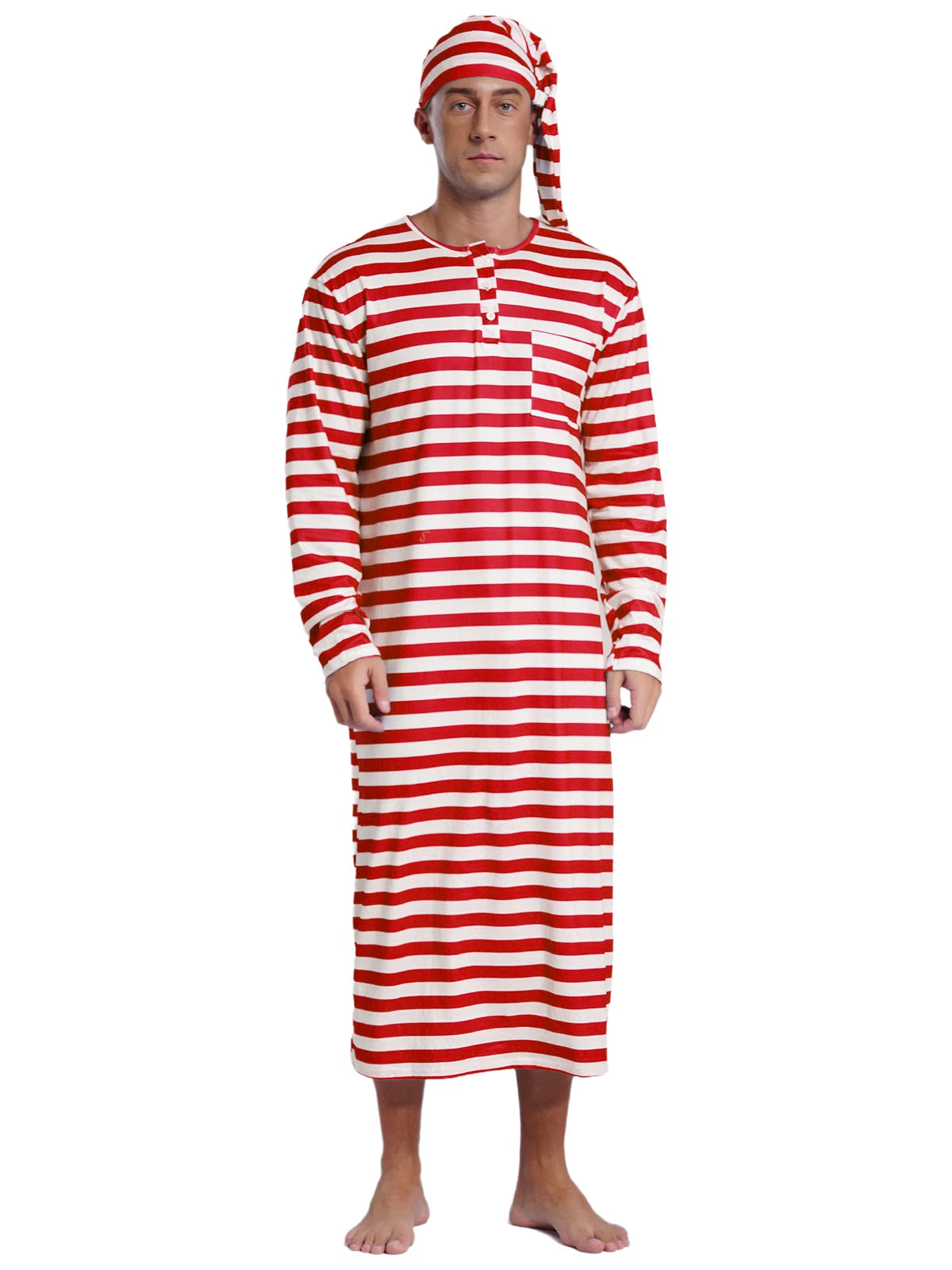 Men's Nightshirt Striped Loose Sleepwear Night Pajama Set Robe with Sleeping Cap