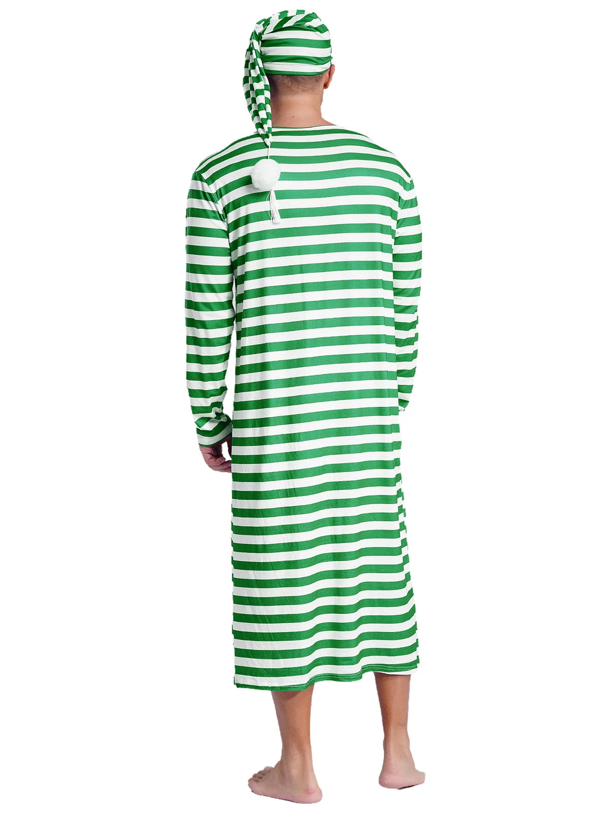 Men's Nightshirt Striped Loose Sleepwear Night Pajama Set Robe with Sleeping Cap