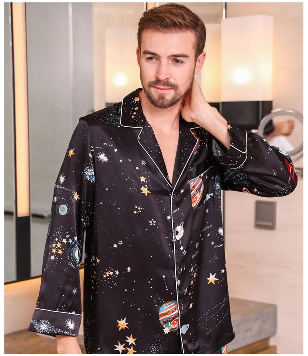 Men's 100% Pure Mulberry Silk Pajamas Set Print Silk Sleepwear Black