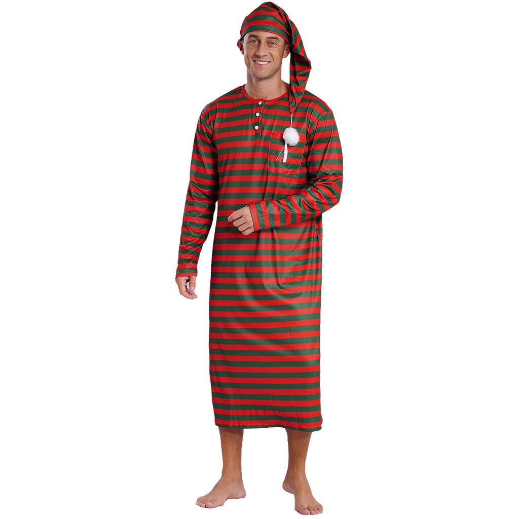 Men's Nightshirt Striped Loose Sleepwear Night Pajama Set Robe with Sleeping Cap