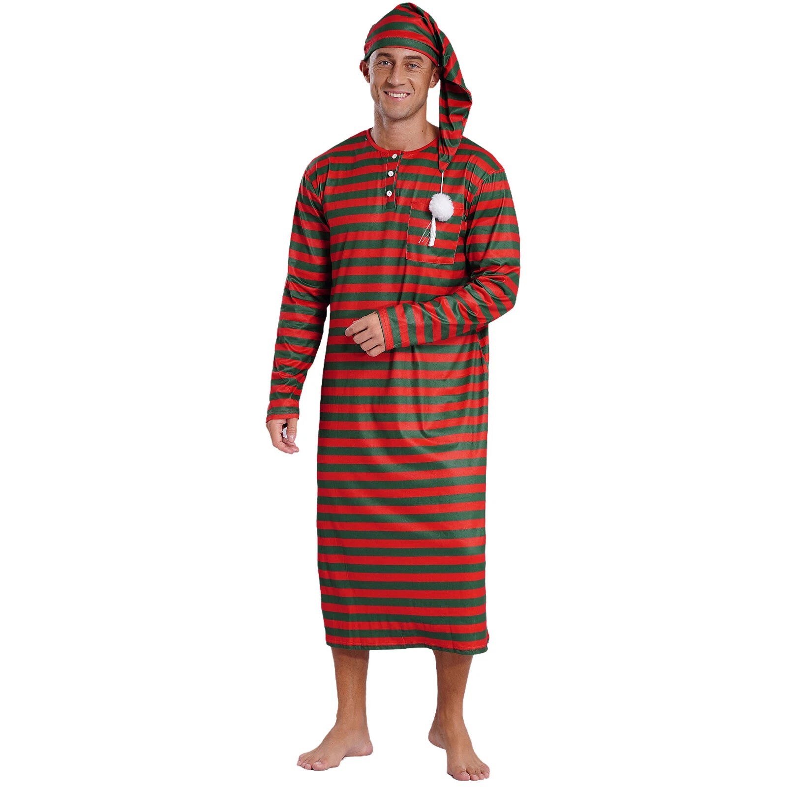Men's Nightshirt Striped Loose Sleepwear Night Pajama Set Robe with Sleeping Cap