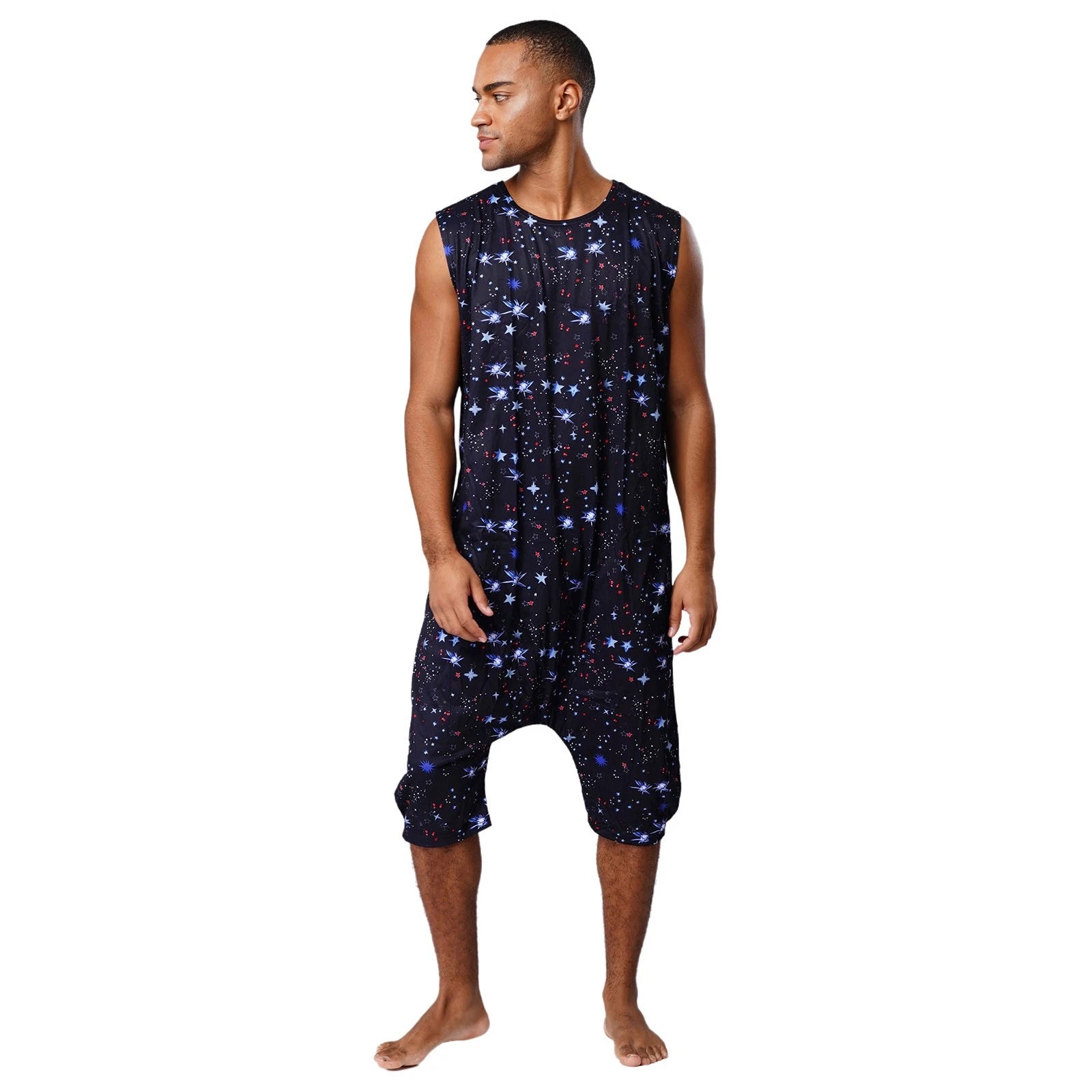 Men's Loose Romper Pajamas Jumpsuit Sleepwear Zipper Crotch One Piece Bodysuit
