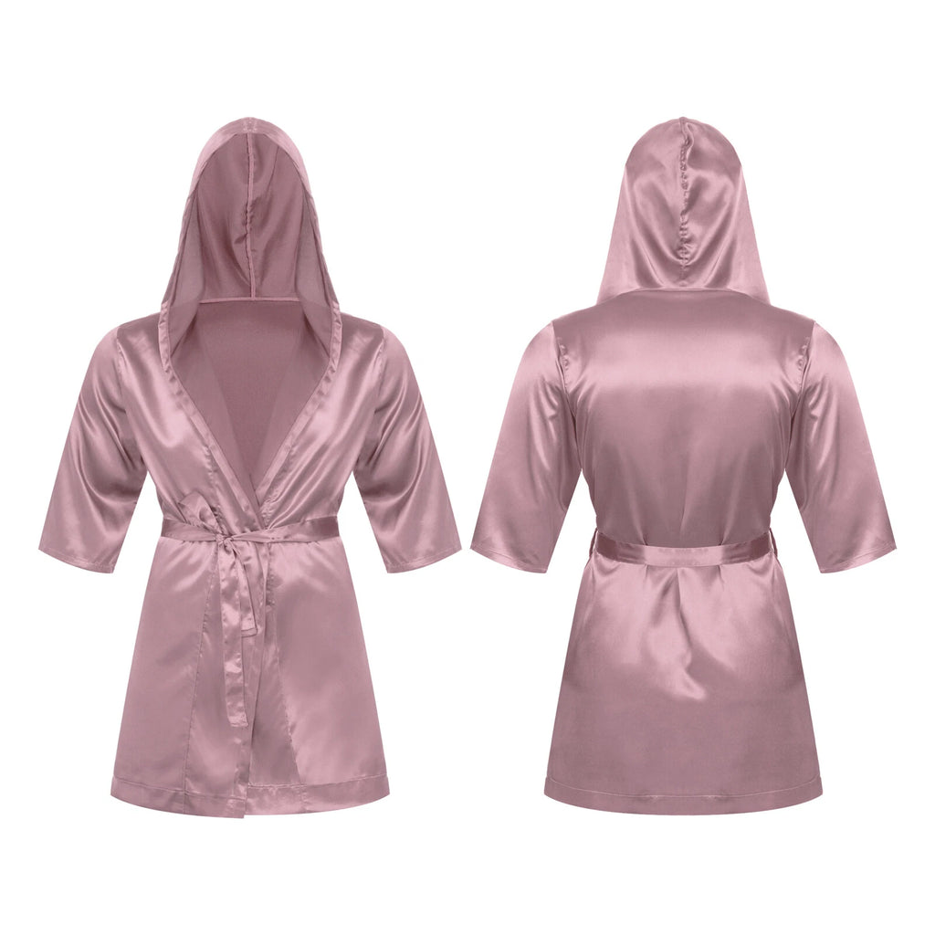 Men's Silk Satin Pajamas Hooded Bathrobe with Belted Set Bath Robe Sleepwear