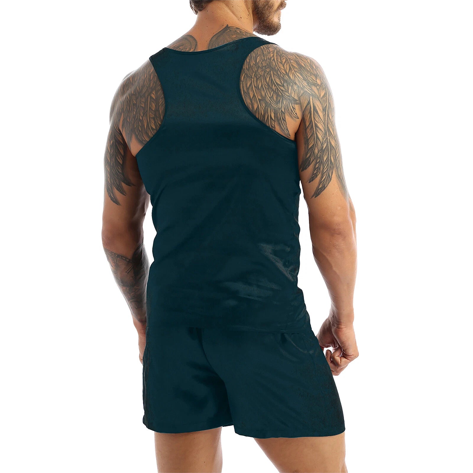 Mens Satin Pajamas Set Sleeveless Tank Top with Shorts Sleepwear Nightwear