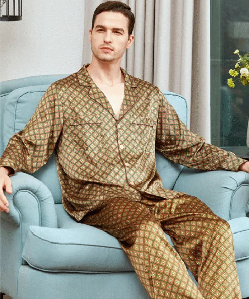 Men's 19MM Mulberry Silk Pajamas Set Print Silk Sleepwear S M L XL