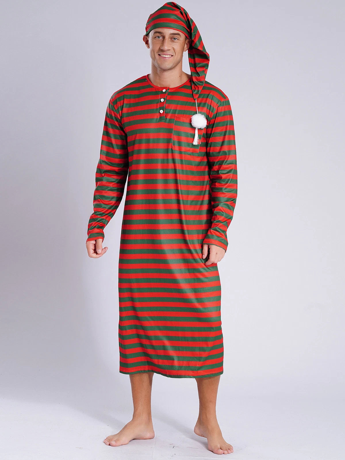 Men's Nightshirt Striped Loose Sleepwear Night Pajama Set Robe with Sleeping Cap