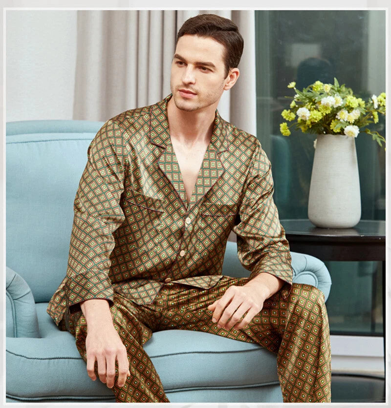 Men's 19MM Mulberry Silk Pajamas Set Print Silk Sleepwear S M L XL