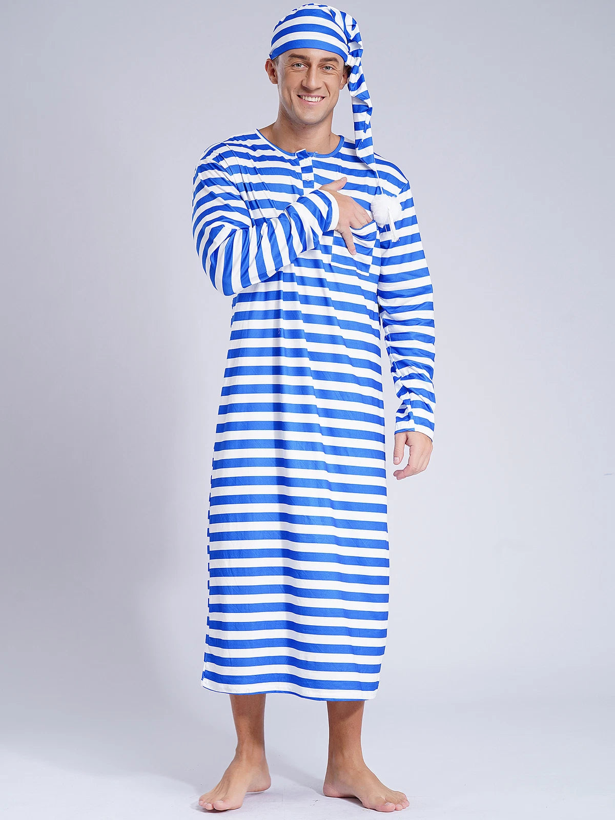 Men's Nightshirt Striped Loose Sleepwear Night Pajama Set Robe with Sleeping Cap