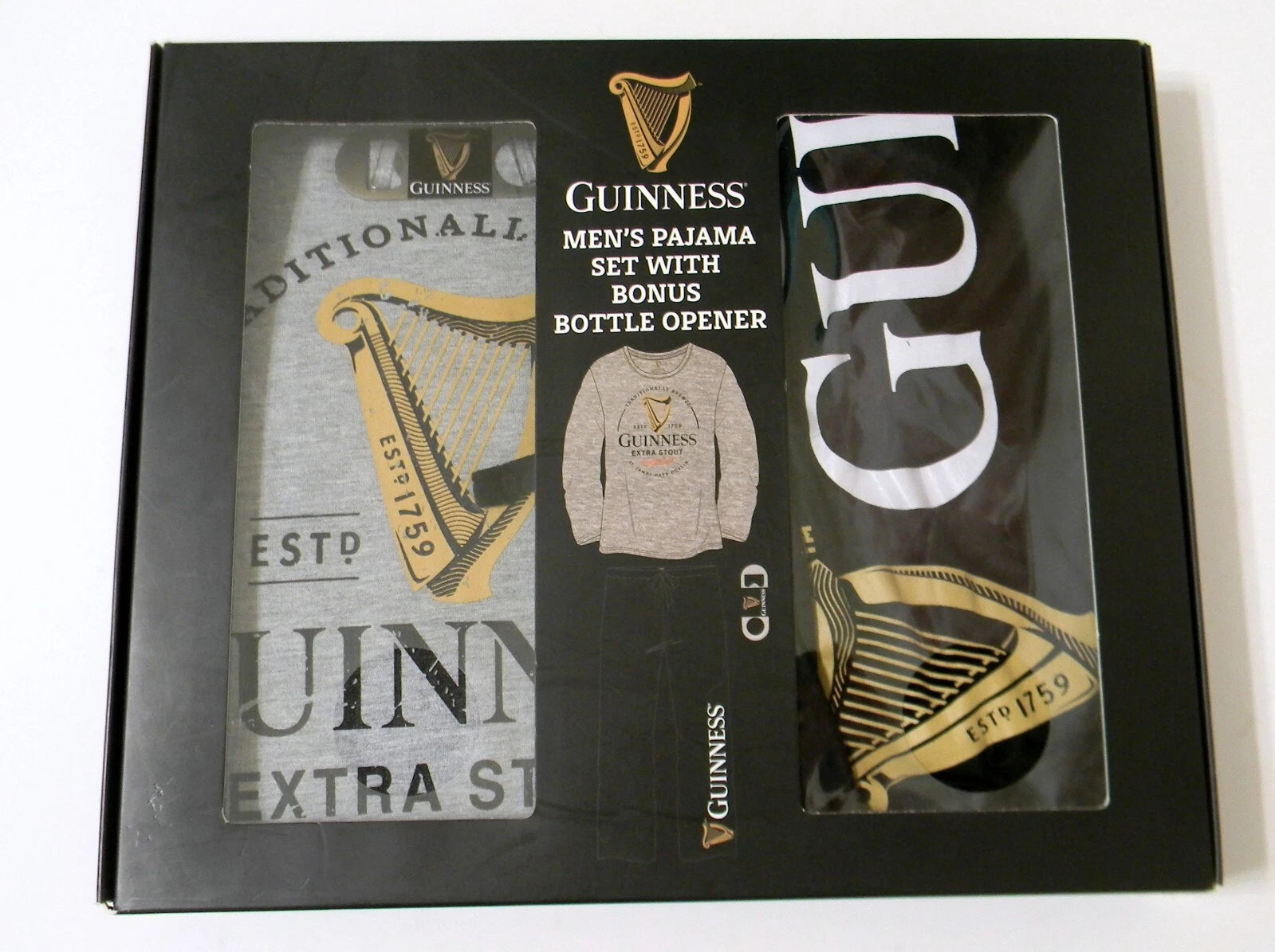 Guinness Men’s Pajama Set w Bottle Opener Grey Long Sleeve Top Black Pants Sz S