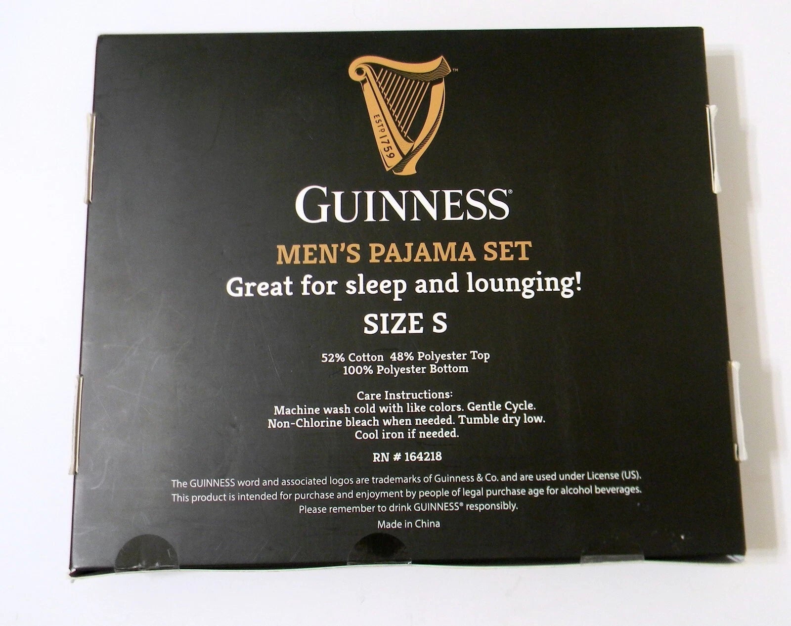 Guinness Men’s Pajama Set w Bottle Opener Grey Long Sleeve Top Black Pants Sz S