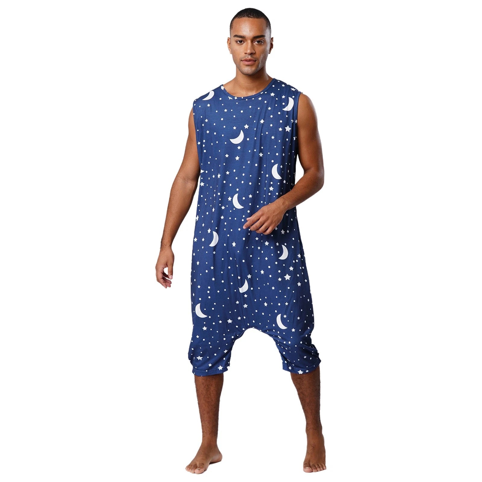 Men's Loose Romper Pajamas Jumpsuit Sleepwear Zipper Crotch One Piece Bodysuit