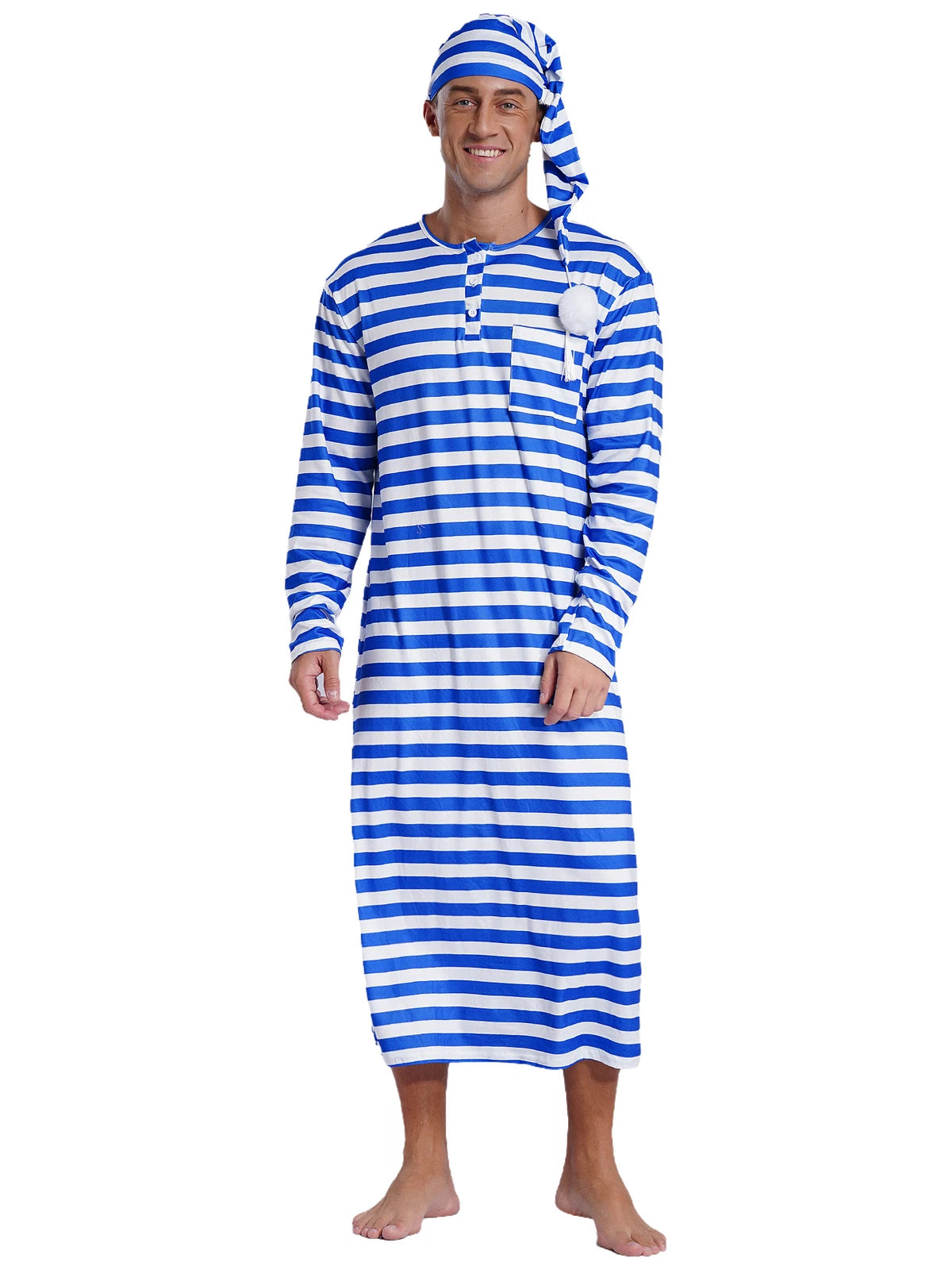 Men's Nightshirt Striped Loose Sleepwear Night Pajama Set Robe with Sleeping Cap