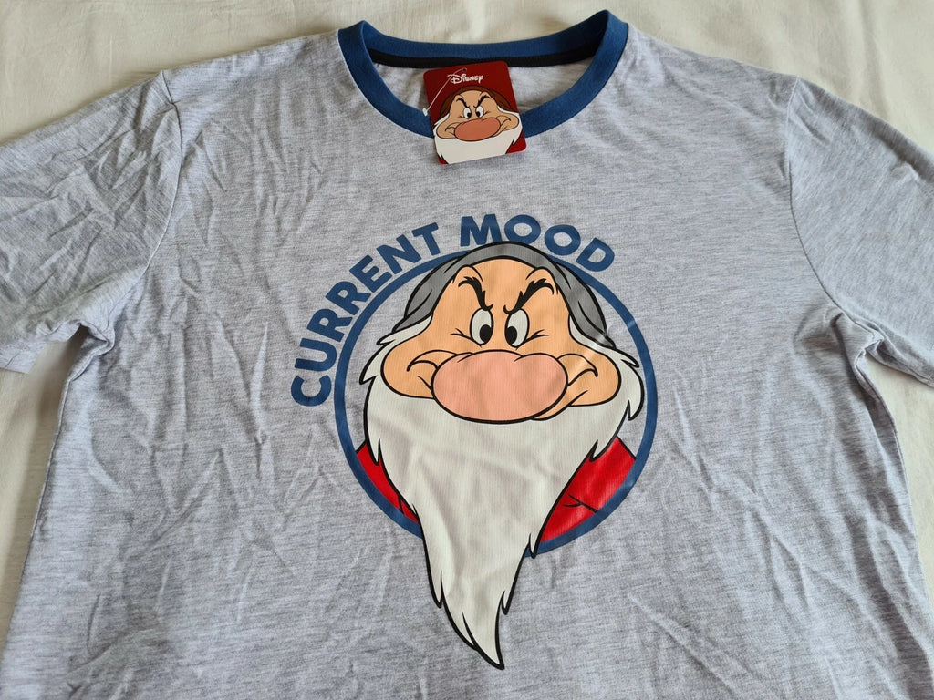 Disney Mens Current Mood Grumpy Grey Blue Printed 2 Piece Pyjama Set Size S New