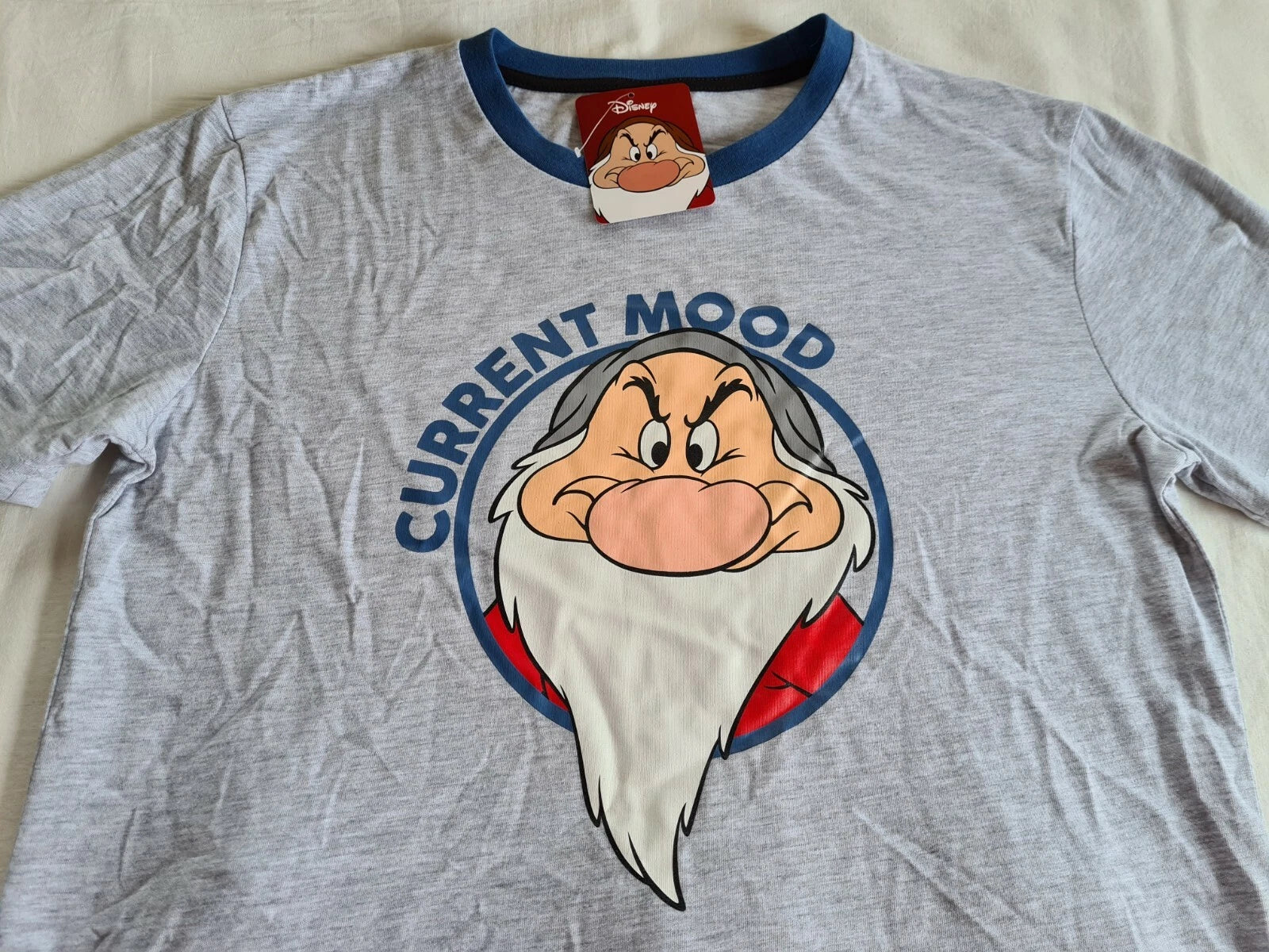 Disney Mens Current Mood Grumpy Grey Blue Printed 2 Piece Pyjama Set Size S New