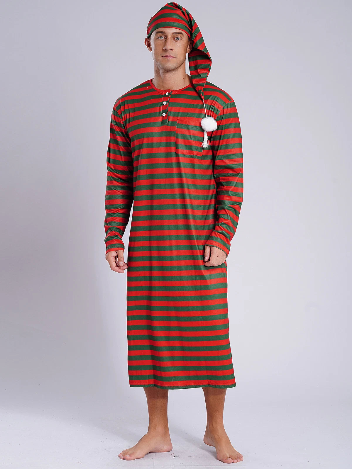 Men's Nightshirt Striped Loose Sleepwear Night Pajama Set Robe with Sleeping Cap