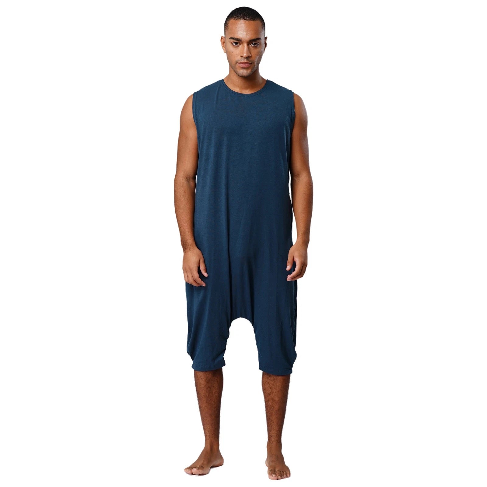 Men's Loose Romper Pajamas Jumpsuit Sleepwear Zipper Crotch One Piece Bodysuit