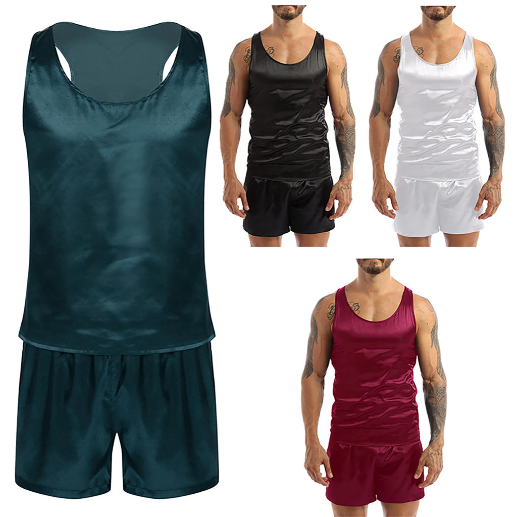 Mens Satin Pajamas Set Lounge Shorts Tank Top Silk Shirt Sleepwear Nightwear