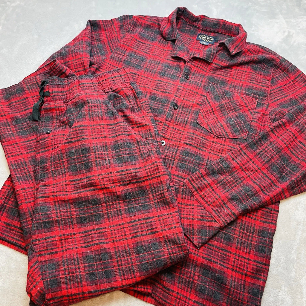 Pendleton Pajamas 2 Piece Set Mens M Red Black Plaid Long Sleeve Shirt Pants