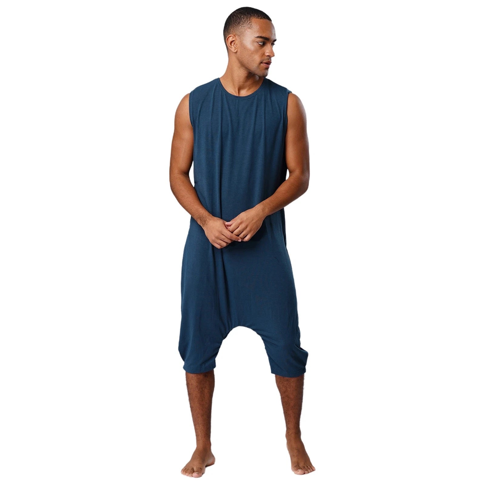 Men's Loose Romper Pajamas Jumpsuit Sleepwear Zipper Crotch One Piece Bodysuit