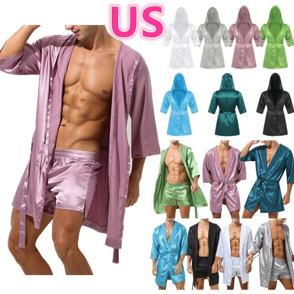 Men's Silk Satin Pajamas Hooded Bathrobe with Belted Set Bath Robe Sleepwear