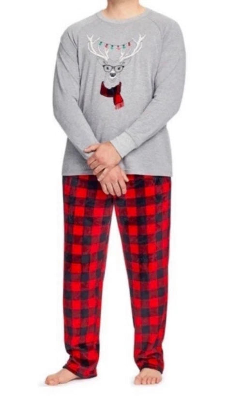 NWT mens L PAJAMAS Buffalo Plaid red Long Sleeve Shirt & Pant reindeer 2 piece