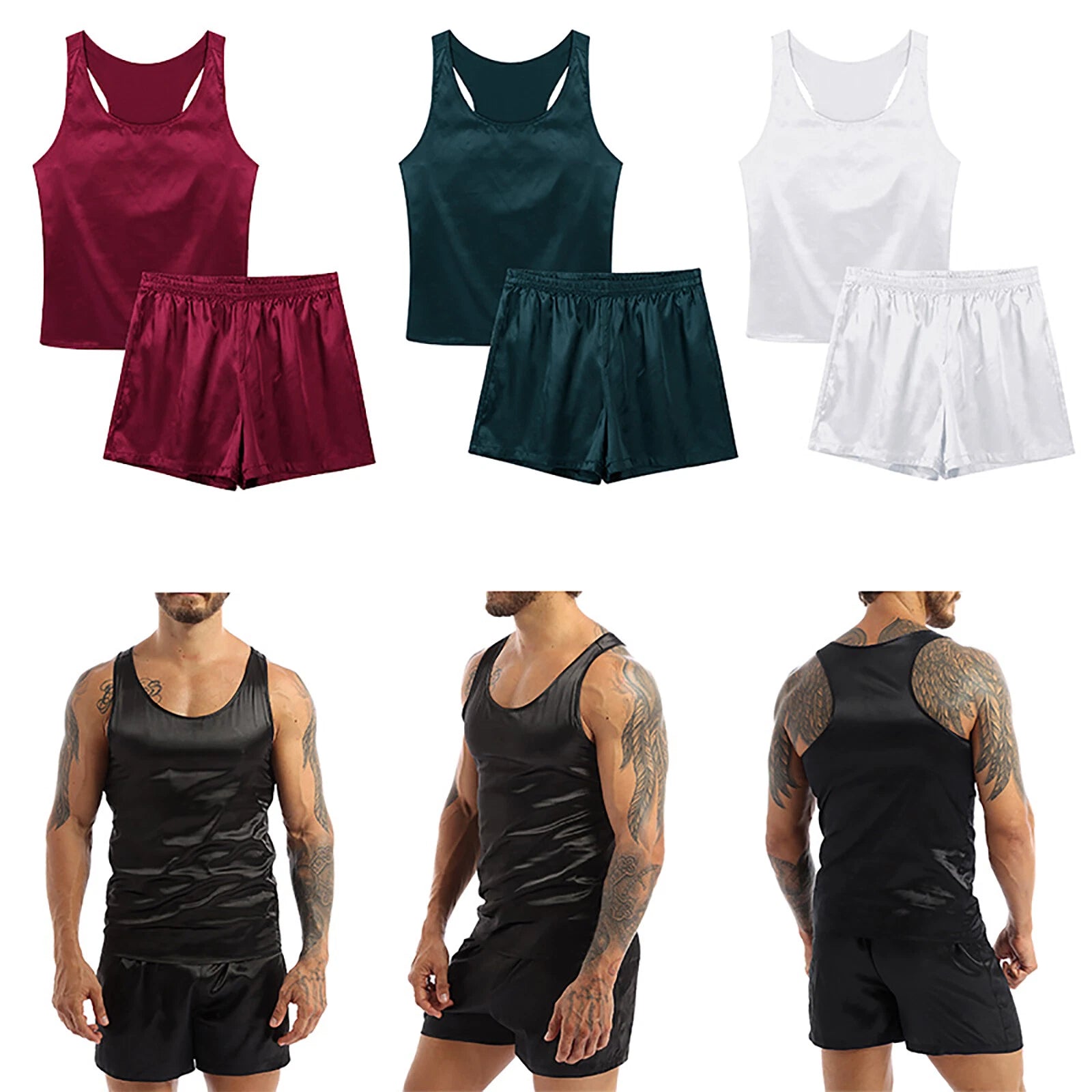 Mens Satin Pajamas Set Sleeveless Tank Top with Shorts Sleepwear Nightwear