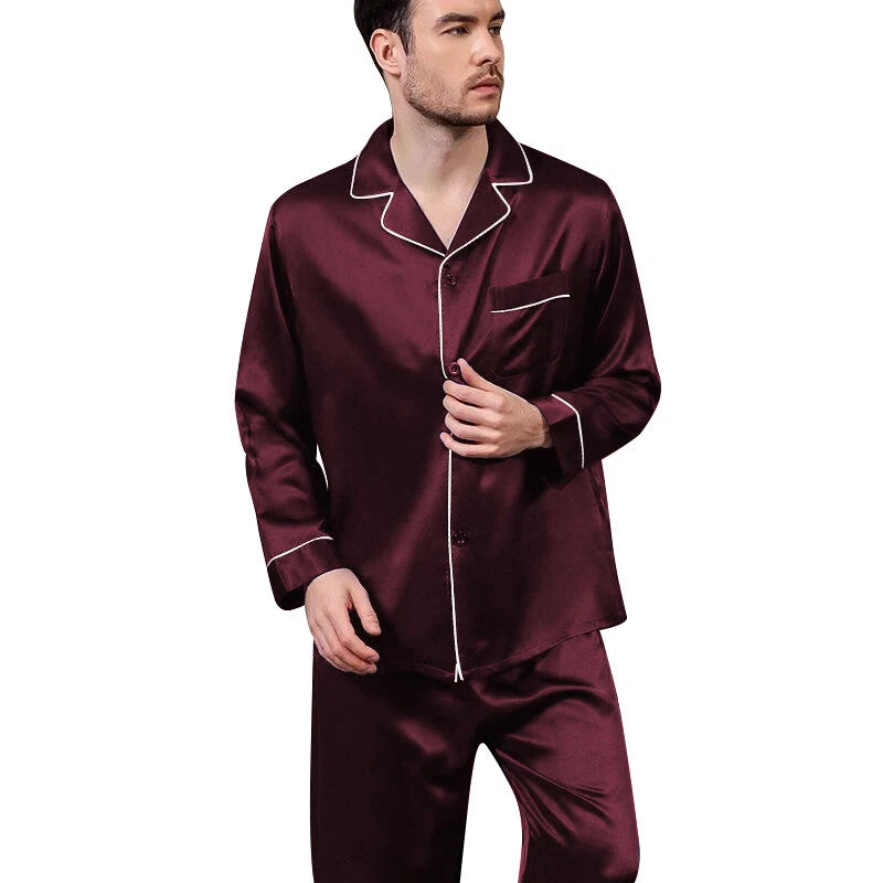 Mens Silk Satin Pajamas - PJ Set Top and Bottom - Burgundy White Piping