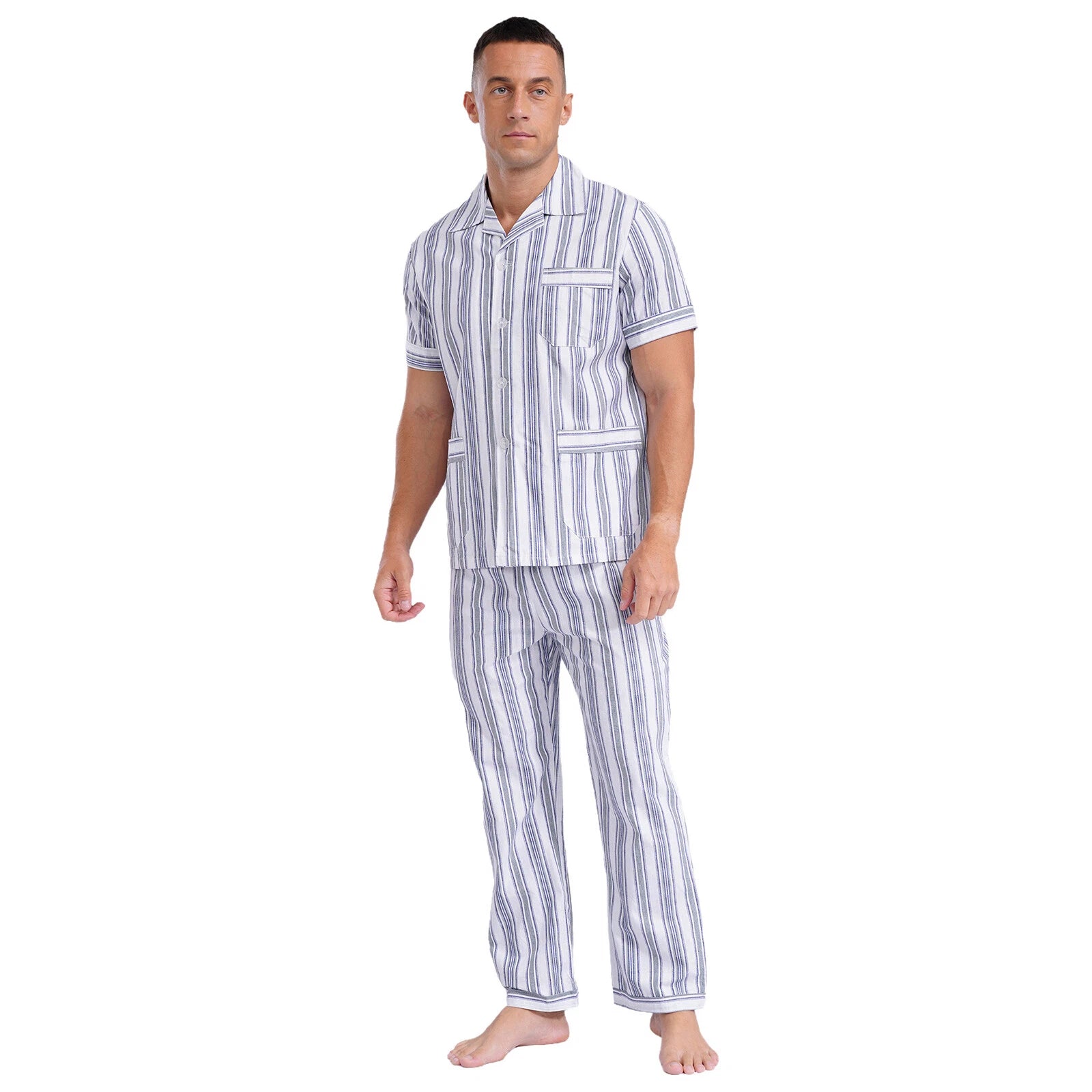 Mens Pajama Set Button Down Sleepwear Shirt Homewear Striped Nightgown Pockets