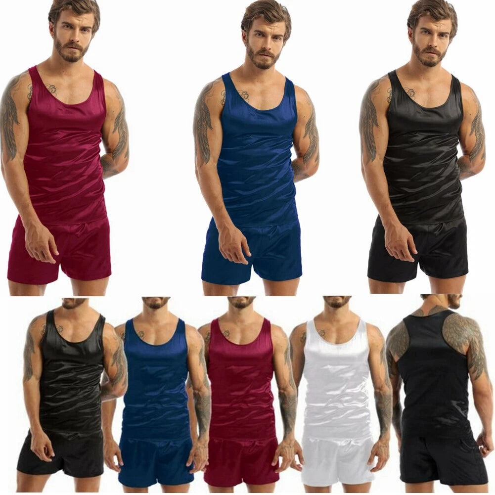 Mens Satin Pajamas Set Lounge Shorts Tank Top Silk Shirt Sleepwear Nightwear