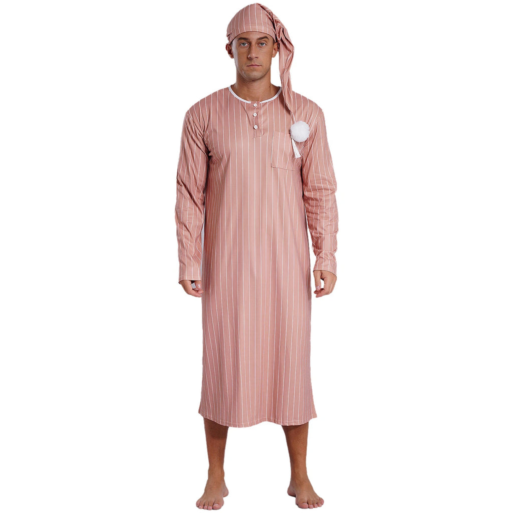 Men's Sissy Nightwear Loose Striped Robe Long Sleeve Nightshirt Cap Pajama Sets