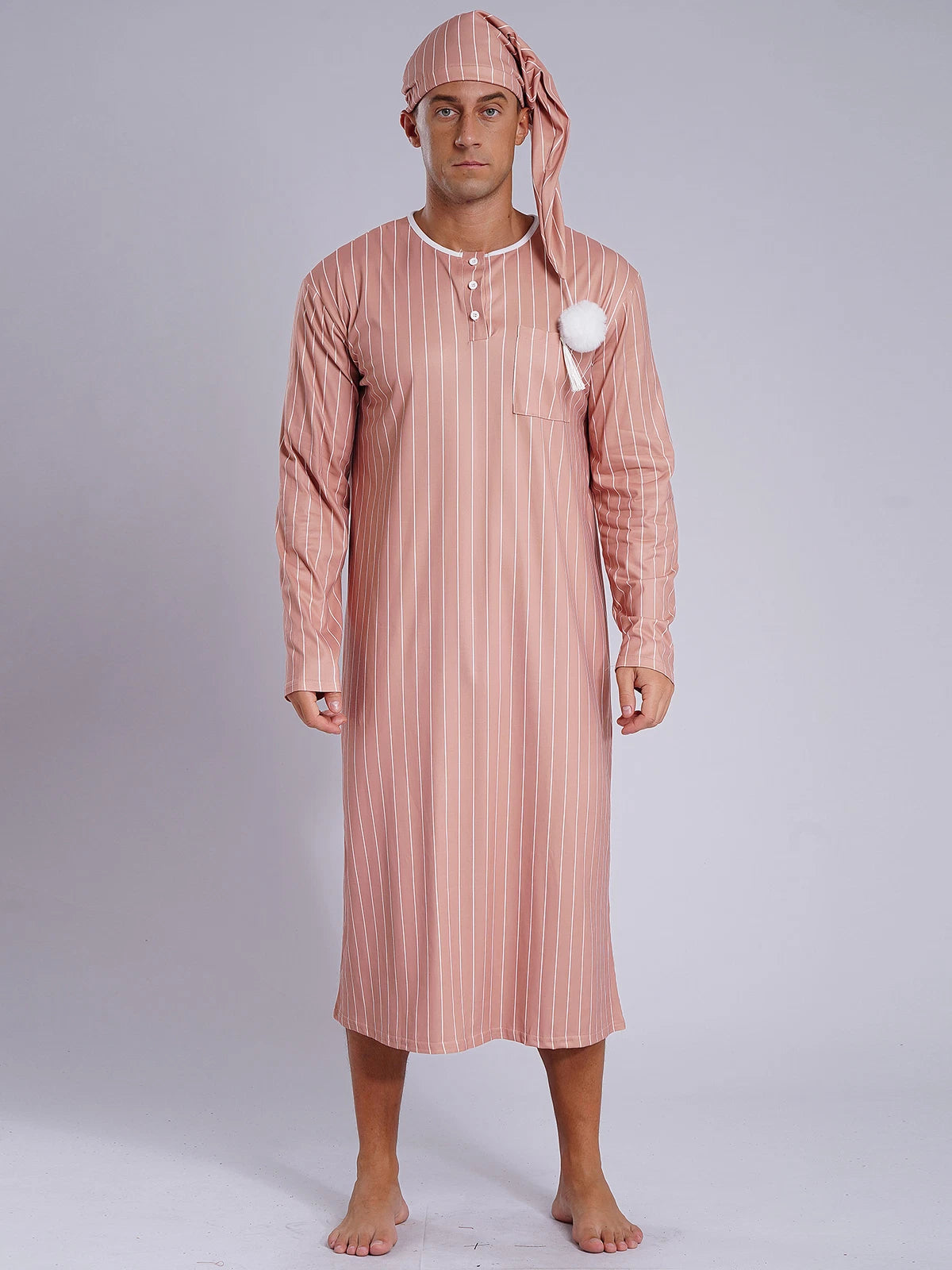Men's Sissy Nightwear Loose Striped Robe Long Sleeve Nightshirt Cap Pajama Sets