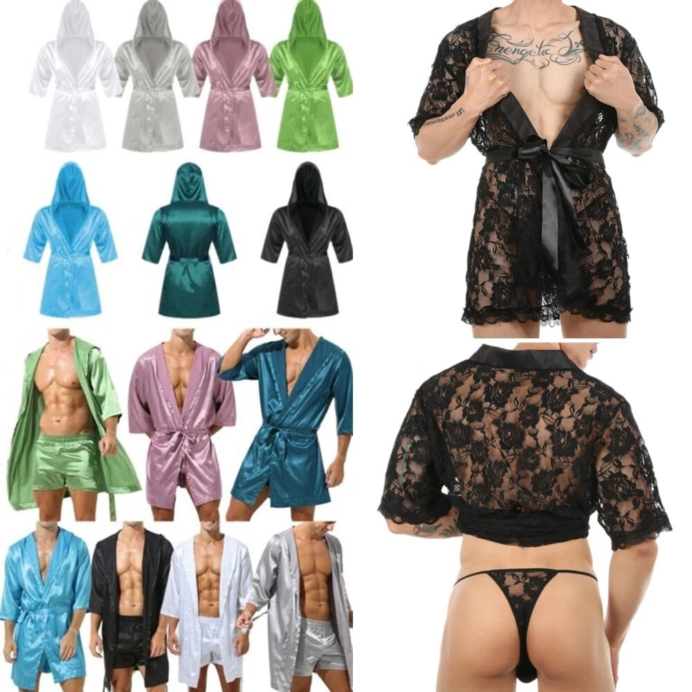 Men's Silk Satin Pajamas Hooded Bathrobe with Belted Set Bath Robe Sleepwear