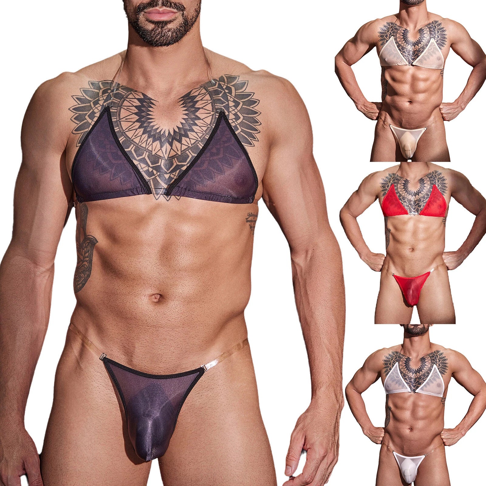 Man Nightwear See Through Set Gay Crossdress Transparent Lingerie Silky Satin