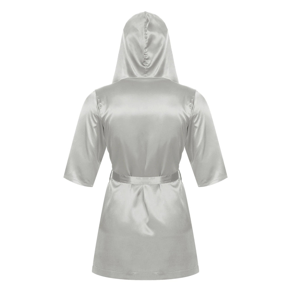 Men's Silk Satin Pajamas Hooded Bathrobe with Belted Set Bath Robe Sleepwear