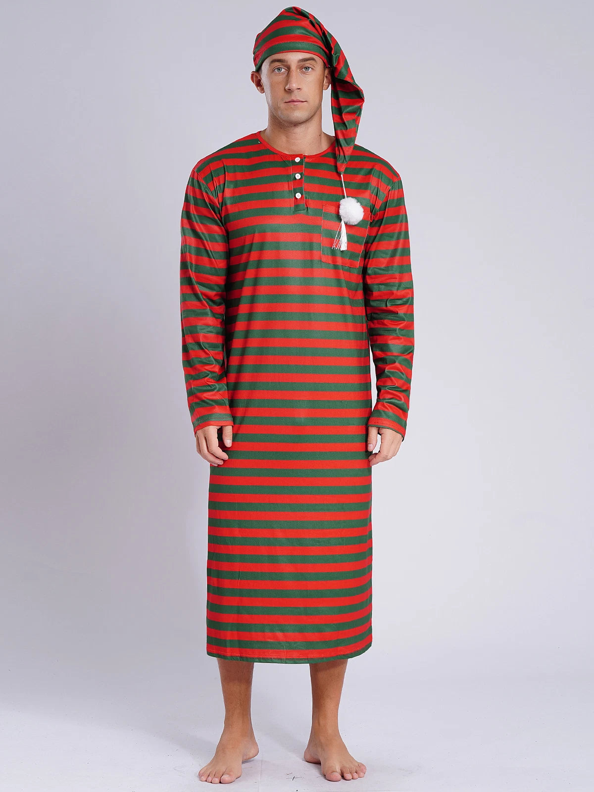 Men's Nightshirt Striped Loose Sleepwear Night Pajama Set Robe with Sleeping Cap