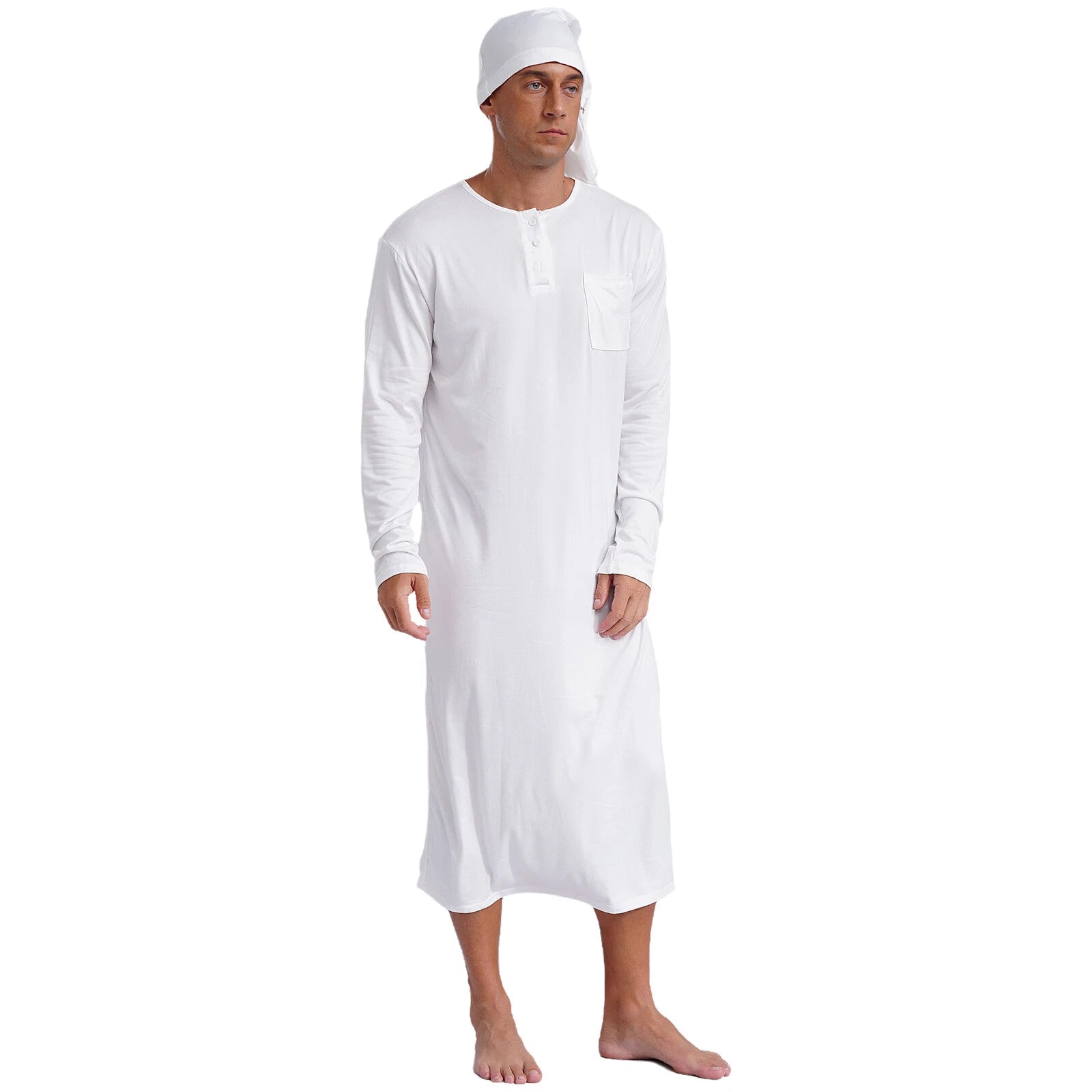 Men's Sissy Nightwear Loose Striped Robe Long Sleeve Nightshirt Cap Pajama Sets