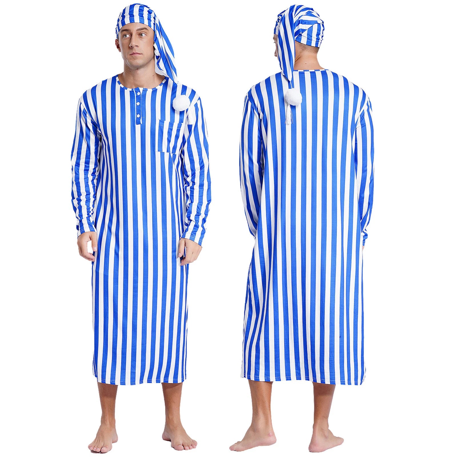 Men's Sissy Nightwear Loose Striped Robe Long Sleeve Nightshirt Cap Pajama Sets