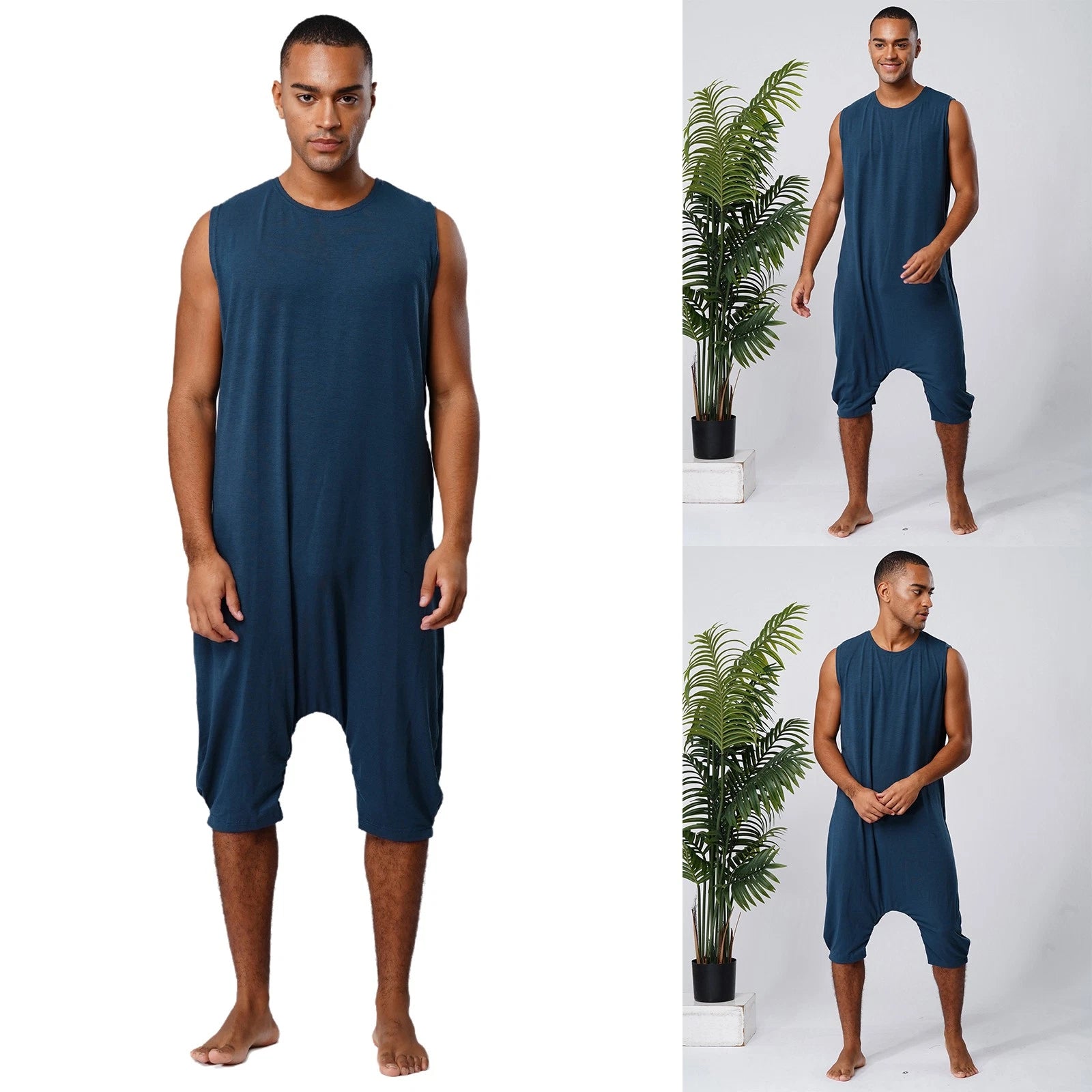 Men's Loose Romper Pajamas Jumpsuit Sleepwear Zipper Crotch One Piece Bodysuit
